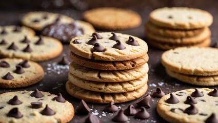 A variety of cookies with textured backgrounds and intricate patterns, including tea biscuits and crumpets, featuring chocolate chips.