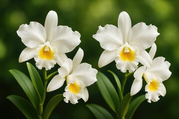 Obraz premium Stunning display of Cattleya orchid blooms with a soft green backdrop