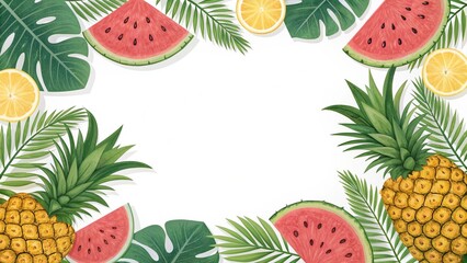 Colorful border design featuring watermelon, pineapple, and tropical leaves, ideal for summer-themed graphics and decoration.