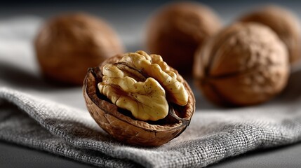 Gros plan sur une noix ouverte revelant un cerneau dore