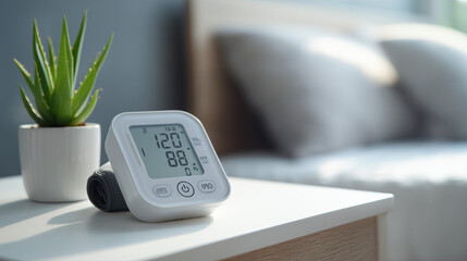 Blood pressure monitor on nightstand with plant in bright bedroom  
