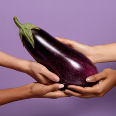 group of female hands holding eggplant representing penis, masculinity, on purple background