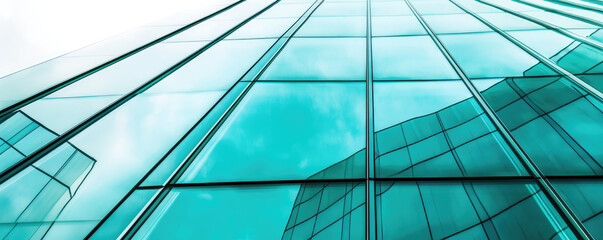 Fototapeta premium Glass skyscraper stretches upwards with reflections of the sky on its surface. Modern architecture perspective, glass, sky reflections
