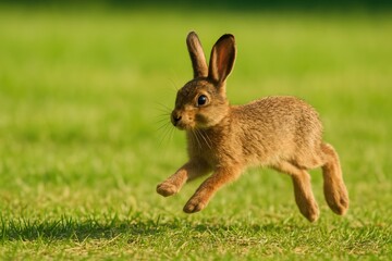 Fototapeta premium A young rabbit swiftly moves across a freshly cut field