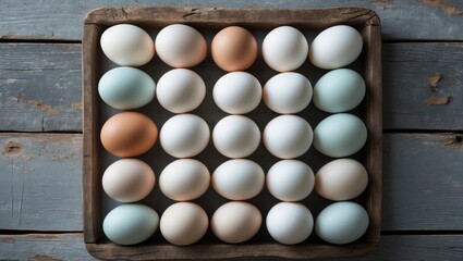 Eggs arranged in a carton on a rustic wooden surface