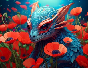 Fototapeta premium a stylized depiction of a creature among vibrant poppy flowers