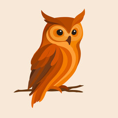 Diese stilisierte Eule sitzt auf einem Ast und ist in einem modernen, flächigen Design dargestellt. Die Illustration spielt mit warmen Orangetönen und klar definierten Formen