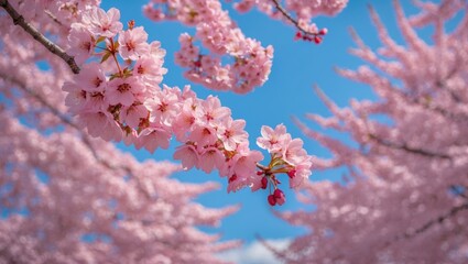 Springtime pink blooms with a scenic sky backdrop