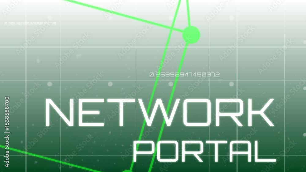 Poster starting on green grid, wireframe nodes and lines rotating, resolving text into network portal