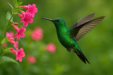 Obraz premium A lively hummingbird flutters close to vivid pink blossoms, displaying its shimmering green plumage in a scenic outdoor environment.