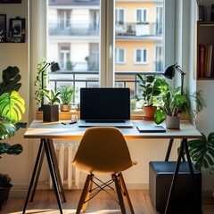 Modern Home Office Setup for Freelancing and Remote Work – Stylish Workspace with Laptop, Desk, Chair, and Minimalist Decor Showcasing Productivity, Comfort, and Contemporary Work-from-Home Lifestyle
