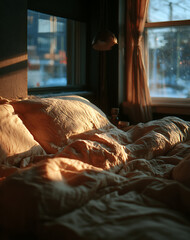 Warm Sunlight Illuminates a Cozy Bedroom Scene with Snowy View