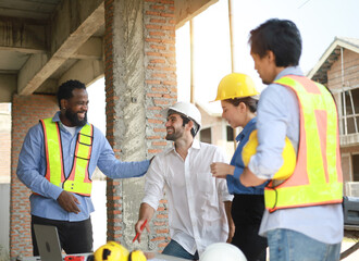 Construction Team Conversation Communication and Laughter with Teamwork and Cooperation of Builders...