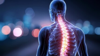 Transparent medical animation revealing human spine anatomy with detailed hernia visualization, set against blurred background highlighting intricate spinal pathology and structural changes - Powered by Adobe