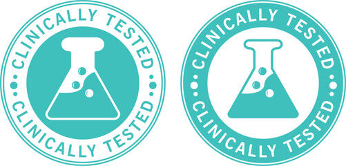 clinically tested badge icons with lab flask symbol in turquoise circle for medical or product validation	