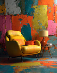 Yellow Armchair in Colorful Abstract Room
