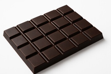 Fototapeta premium Intense dark chocolate piece against a plain white backdrop, zoomed-in perspective