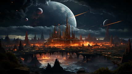 3D rendering of the space city under missile attack