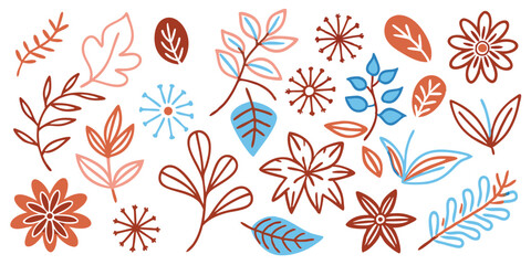 A collection of colorful hand drawn floral and botanical design elements with transparent backgrounds perfect for various summer vacation illustration projects