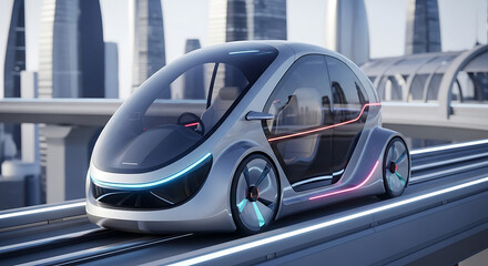 Obraz premium Compact pod car traveling on a transparent city bridge.