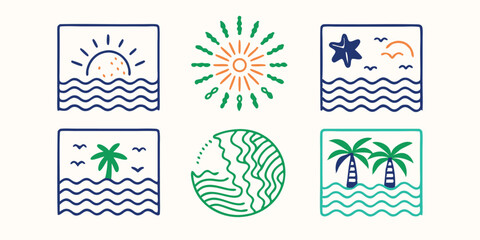 A delightful and charming collection of hand drawn summer vacation illustrations showcasing beaches, sunsets, and tropical elements in a creative vector design