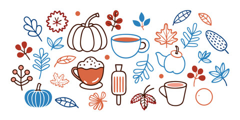 A delightful summer vacation illustration set featuring autumnal elements like pumpkins leaves and warm beverages perfect for festive designs