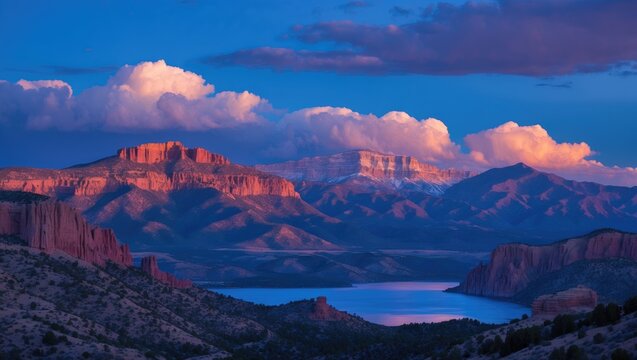 Stunning Blue Hour View of Mountain Range and Cityscape at Dusk