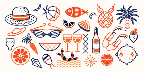 A vibrant and detailed illustration set of summer vacation elements including food drinks beach accessories perfect for various design projects.
