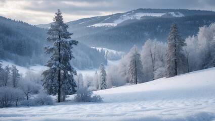 A winter scene featuring a snow-covered woodland