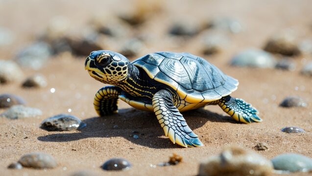 Young sea turtle at a coastal nesting site