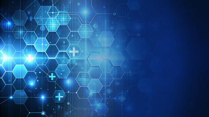 Fototapeta premium Digital medical background with molecular hexagons and gradient blue light for science innovation