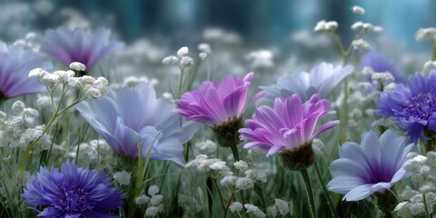 Colorful wildflowers bloom in a serene meadow under soft natural light