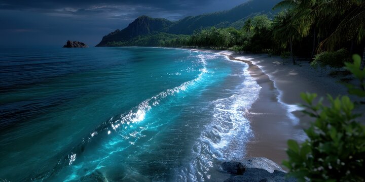 Majestic moonlit beach with calm waves and lush palm trees under a starry sky in a tropical paradise - Powered by Adobe