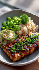 Grilled tofu with green onion, brown rice, edamame, and lotus root slices served in bowl for healthy vegan meal