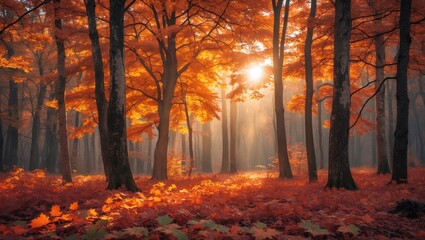 Obraz premium Fall Leaves in a Forest Landscape