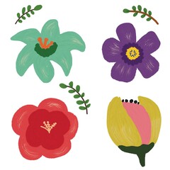 Set of four stylized flowers and leaves in various vibrant colors