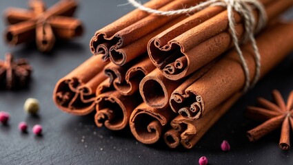 A collection of rolled cinnamon quills