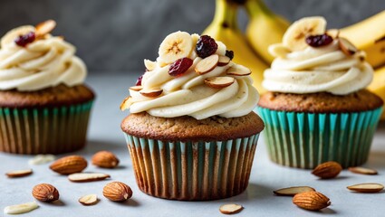 Delicious banana cupcake topped with almonds and raisins, freshly baked