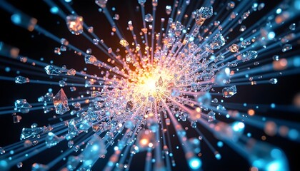 Fototapeta premium Dynamic Abstract Explosion of Glowing Crystalline Particles and Light Rays from a Bright Core. High-Tech Energy Background