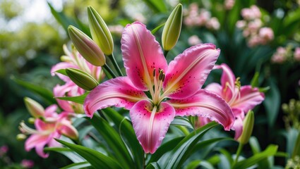 Fototapeta premium Vivid pink lily blooming in lush garden