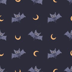 Seamless Watercolor Halloween Pattern with Hand-Painted Bats, Cute Spooky Autumn Design for Wrapping Paper, Textile, Kids Decor and Seasonal Party Invitations