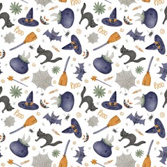 Seamless Watercolor Halloween Pattern with Cute Witch Hat, Black Cat, Cauldron, Bat, Broomstick, Spider Web and Boo Text on White Background