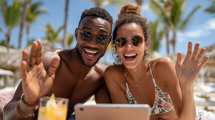 Happy african american man and woman in sunglasses using tablet computer on the beach