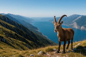 Fototapeta premium Stunning mountain scenery with breathtaking lake views and opportunities to spot wildlife, including wild goats.