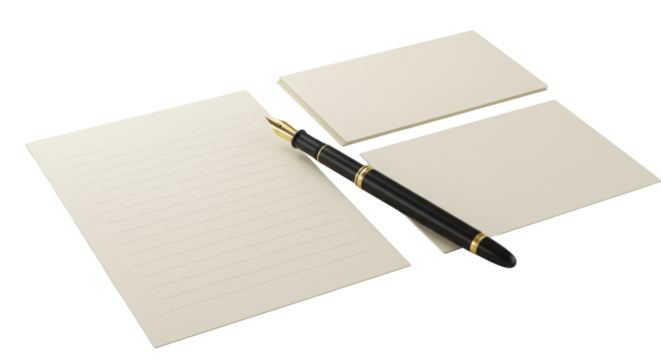 Isolated Product Shot of Business Stationery Elements: Fountain Pen, Blank Cards, and Lined Writing Paper.