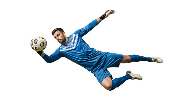 Goalkeeper Making a Save Mid-Air with Soccer Ball in Hand