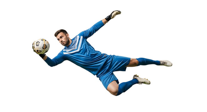 Goalkeeper Making a Save Mid-Air with Soccer Ball in Hand - Powered by Adobe