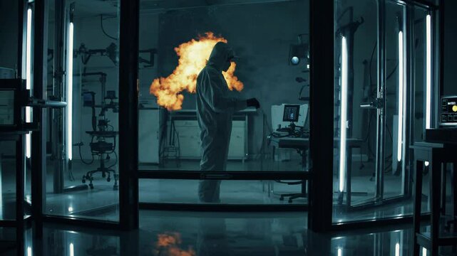 Scientist observing explosive chemical reaction in laboratory