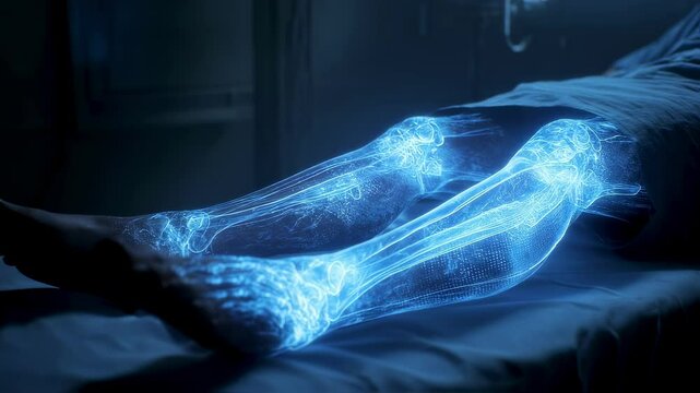 Glowing holographic bones visualizing patient leg anatomy during advanced rehabilitation session, showcasing cutting edge medical visualization technology in modern hospital environment