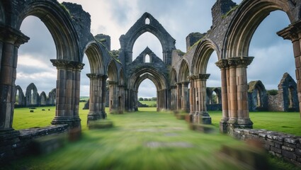 Out-of-focus scenic backgrounds featuring the ancient remains of a historic monastery in a scenic Irish town